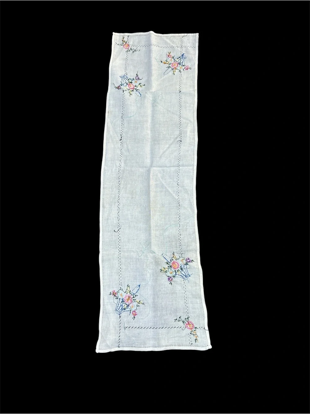Vintage Hand-embroidered Runner Basket Floral Cross Stitch 40